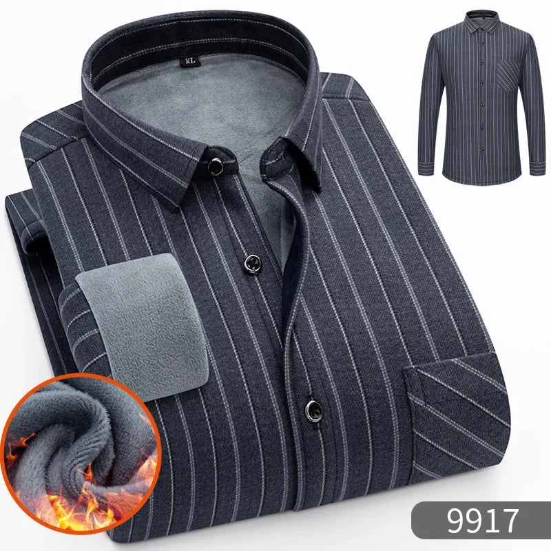 New 2025 Men's Warm Long Sleeve Plaid Design Shirt Autumn Winter Fleece and Thick Warm Men's Casual Shirts Large Size Shirt 5XL