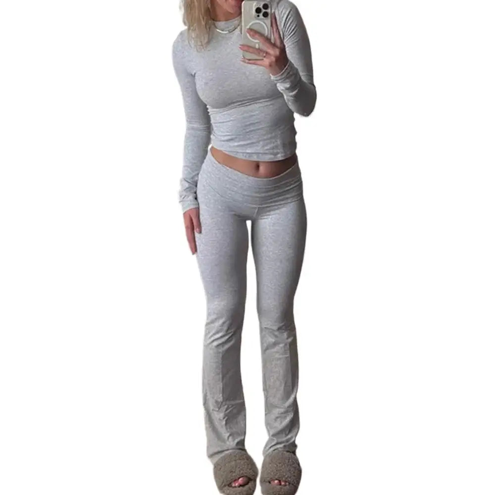 Women Chic Sets Two 2 Pcs Sale Sexy O-Neck Slim Long Sleeve Cropped Tshirt&High Elastic Waist Fitness Full Pant Suits MSJFZ-9052