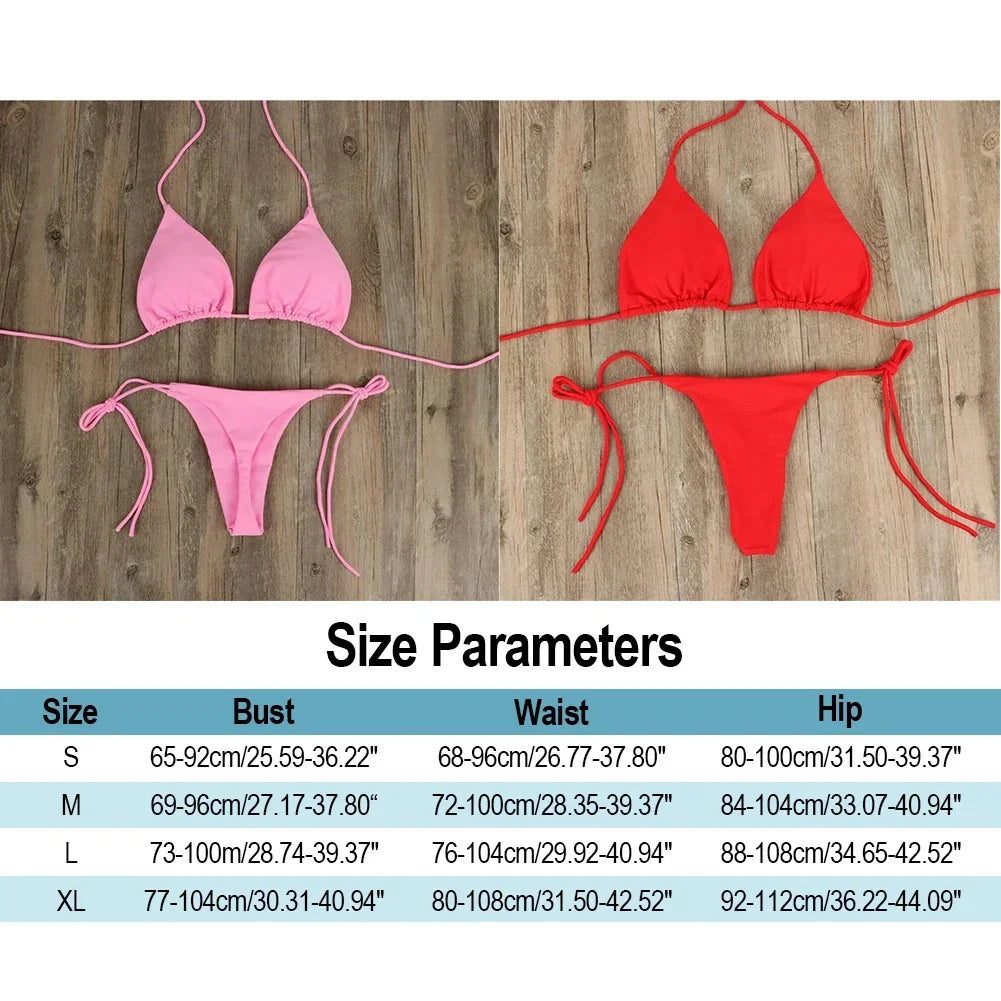 Solid Color Hanging Neck Style Lace-Up Bikini Women's Sexy Split Binding Triangle Beach Swimsuit No Steel Bracket No Chest Pad