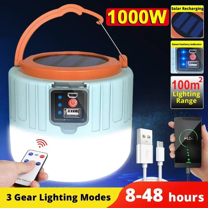 1000W Solar LED Kamp Lambası | USB Şarjlı | Acil Durum Feneri