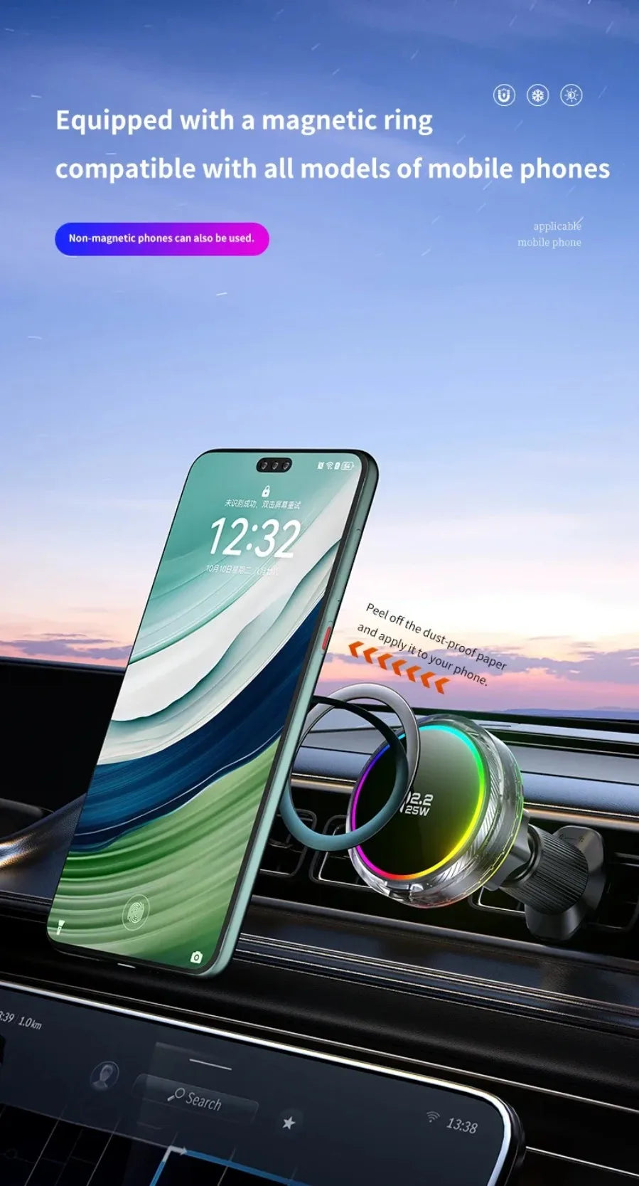 Qi2 25W Manyetik Araç İçi Kablosuz Şarj | RGB Aydınlatma | iPhone MagSafe Uyumlu