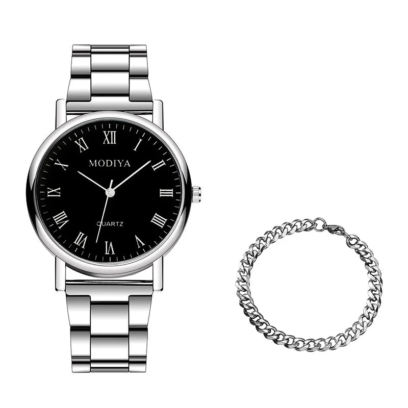 2PCS Men's Watch Casual Silver Alloy Band Male Quartz Watches Bracelet Set（Without Box）