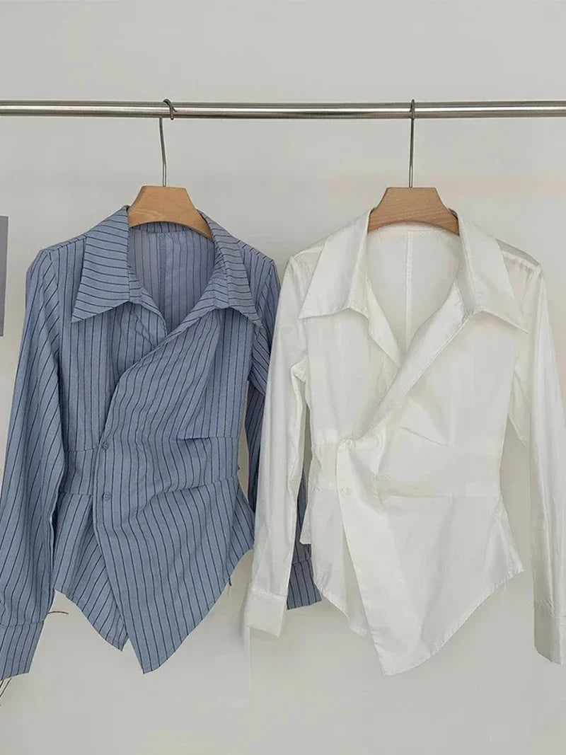Kore Moda Çizgili Gömlek Kadın Uzun Kollu Vintage Bluz Kadın Estetik Ofis Hanımefendi Düzensiz 2000'ler Kadın Üstleri Yeni