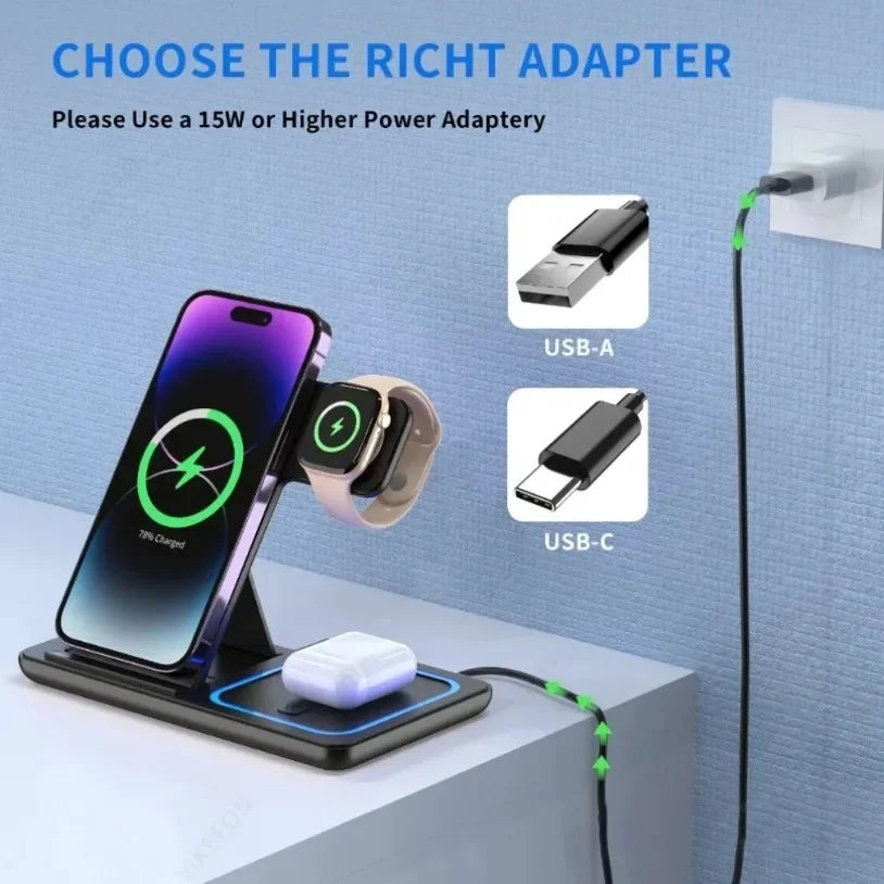 3'ü 1 Arada 30W Katlanabilir Kablosuz Şarj İstasyonu | iPhone & iWatch & AirPods Uyumlu