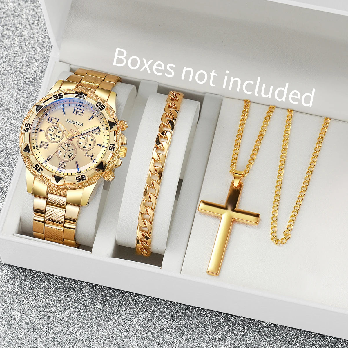 3PCS/Set Fashion Large Dial Men's Quartz Watch Luxury Men Business Watches Necklace Bracelet Set Relogio Masculino（Without Box）