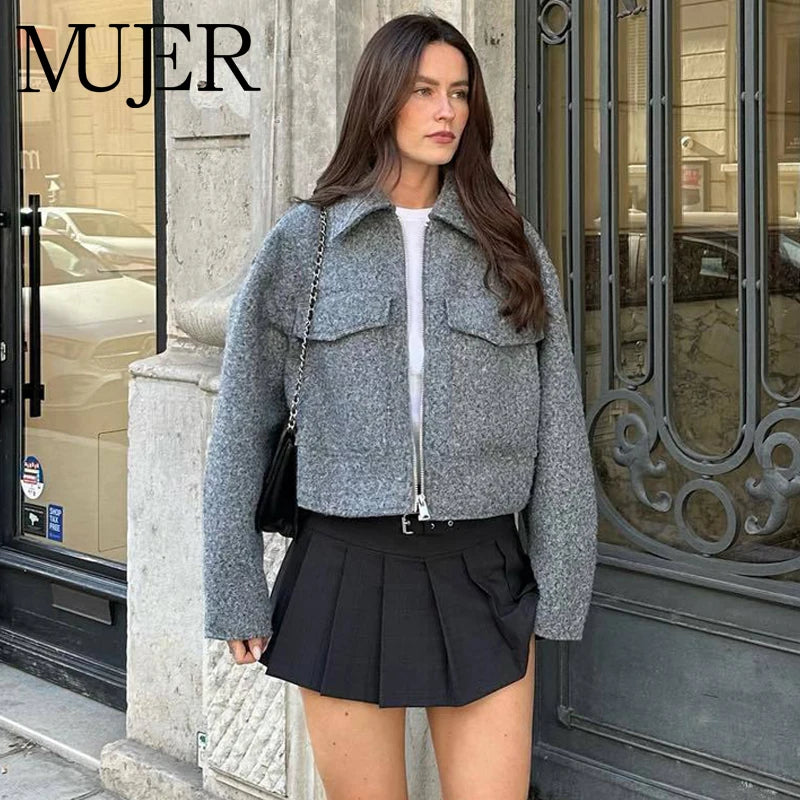 MUJER Tweed Cropped Jackets for Women Zip Bomber Jacket Woman Long Sleeve Jackets Woman 2024 Streetwear New in Coats and Jackets