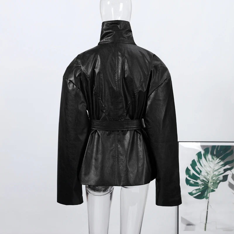 Casual Pu Leather Loose Women Jacket Belt Full Sleeve Stand Collar Zippers Female Coat 2026 Spring Autumn Lady Streetwears