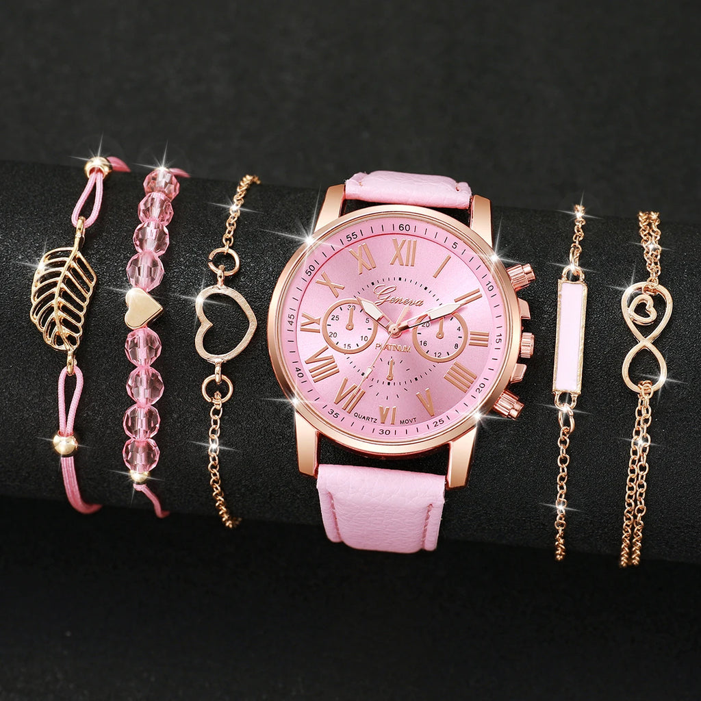 Surprise Mystery Watch Set Blind Box- 6PCS Fashion Women Watches Bracelets Set Casual Leather Band Wristwatches（Without Box）