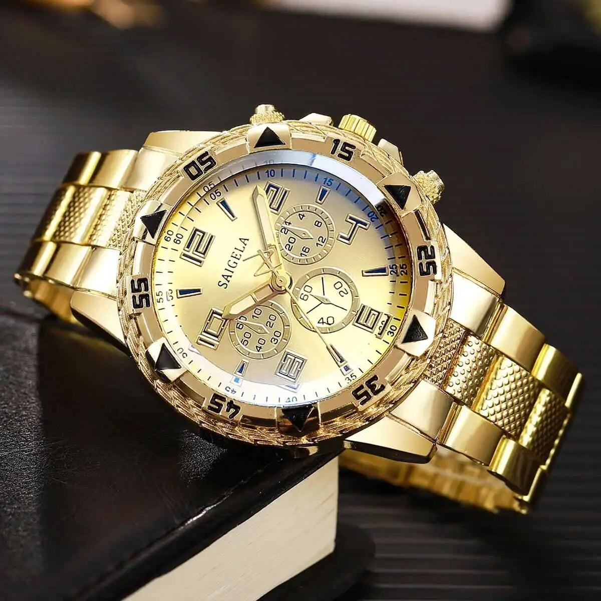 3PCS/Set Fashion Large Dial Men's Quartz Watch Luxury Men Business Watches Necklace Bracelet Set Relogio Masculino（Without Box）