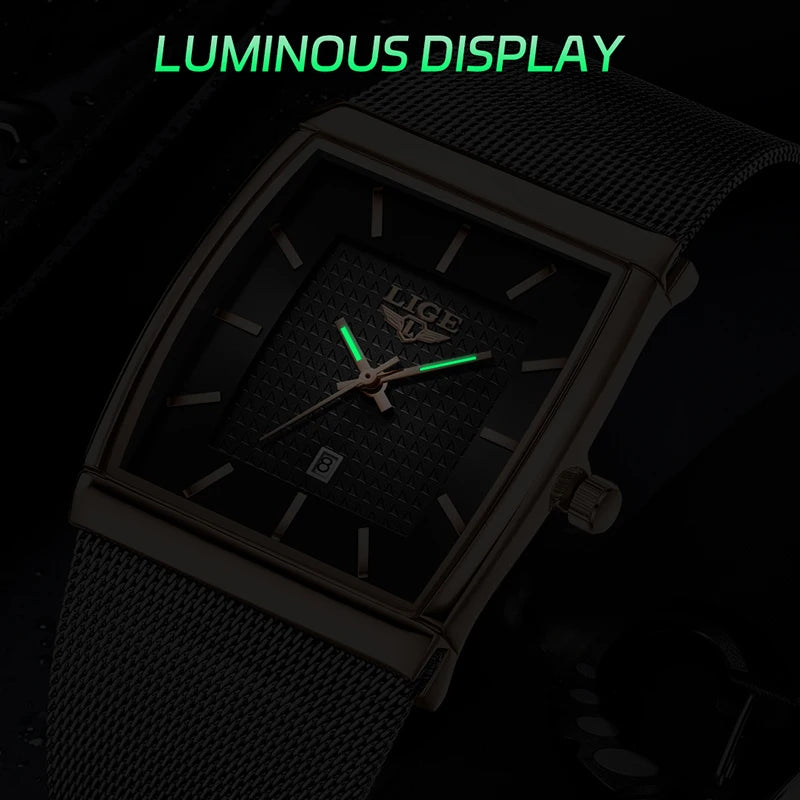 LIGE New Luxury Square Watch For Men Fashion Business Rose Gold Ultra Thin Mesh Waterproof Luminous Men's Quartz Wristwatches
