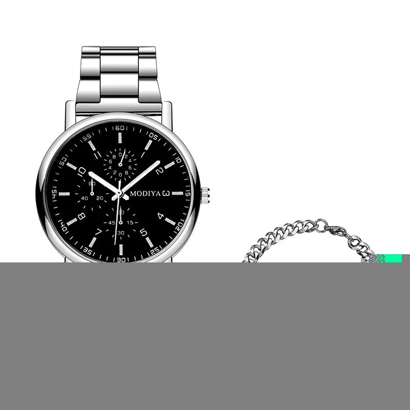 2PCS Men's Watch Casual Silver Alloy Band Male Quartz Watches Bracelet Set（Without Box）