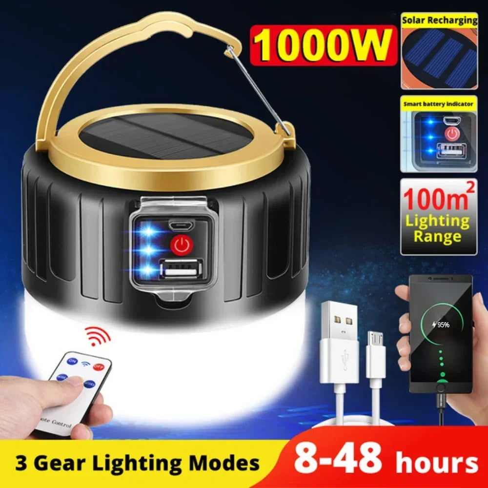 1000W Solar LED Kamp Lambası | USB Şarjlı | Acil Durum Feneri