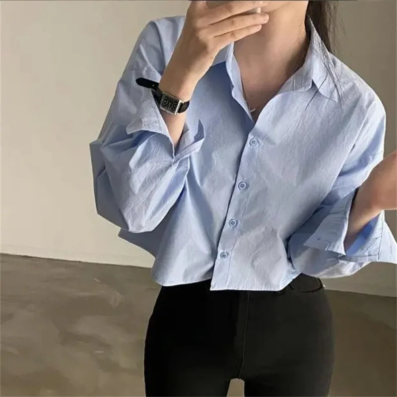 İlkbahar Yeni Günlük Uzun Kollu Kadın Beyaz Gömlek Kore Tarzı Düz Düğmeli Yırtmaçlı Kadın Crop Üst Bluz Parti Giyimi