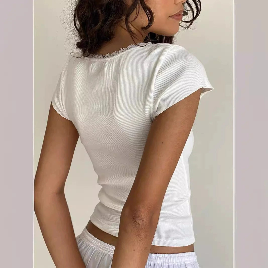 Women's Vintage Baby Tee Cottage Lace Trim Knitted T-Shirt, White Milkmaid Crop Top, Short Sleeve Tee Shirt, Summer, Y2K