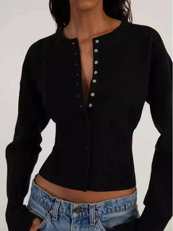 Women Knitted Cardigan Sweaters Solid Short Jumpers Round Neck Long Sleeves Single Breasted Empire Waist Slim 2026 Autumn Winter