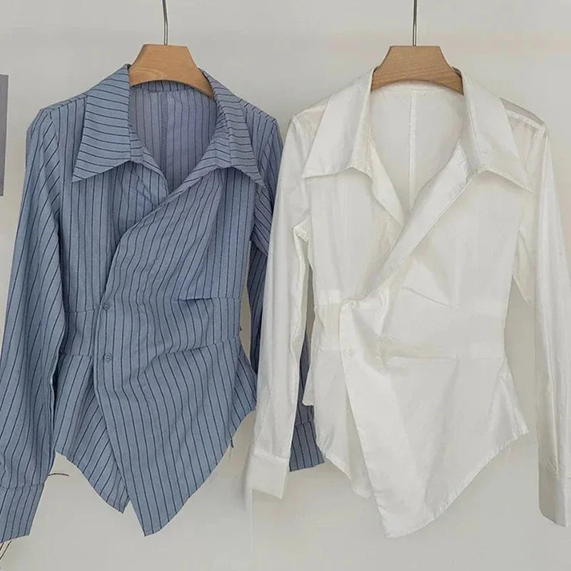 Kore Moda Çizgili Gömlek Kadın Uzun Kollu Vintage Bluz Kadın Estetik Ofis Hanımefendi Düzensiz 2000'ler Kadın Üstleri Yeni