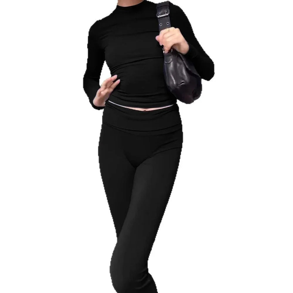 Women Chic Sets Two 2 Pcs Sale Sexy O-Neck Slim Long Sleeve Cropped Tshirt&High Elastic Waist Fitness Full Pant Suits MSJFZ-9052