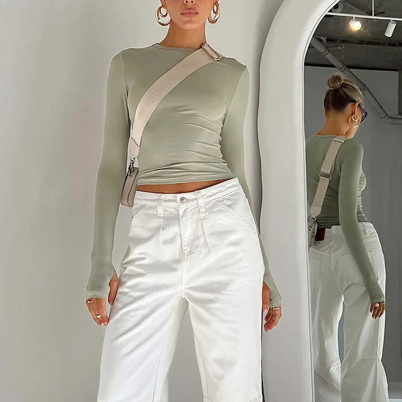 Moda Kadın Tişört Uzun Kollu Bisiklet Yaka Düz Renk Dar Kesim Bayan Crop Top Günlük Sokak Giyimi Yazlık Atlet Başparmak Delikli