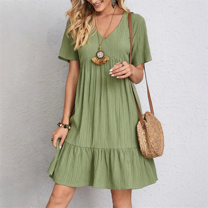 Women Vintage Mini Dresses Summer Solid Casual V Neck Ruffles Dress Ladies Boho Loose Beach Party Elegant Dress Vestidos DF4912
