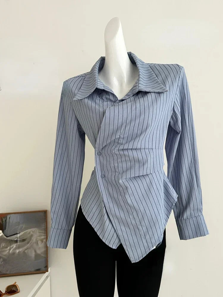 Kore Moda Çizgili Gömlek Kadın Uzun Kollu Vintage Bluz Kadın Estetik Ofis Hanımefendi Düzensiz 2000'ler Kadın Üstleri Yeni