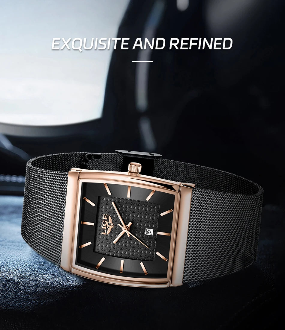 LIGE New Luxury Square Watch For Men Fashion Business Rose Gold Ultra Thin Mesh Waterproof Luminous Men's Quartz Wristwatches