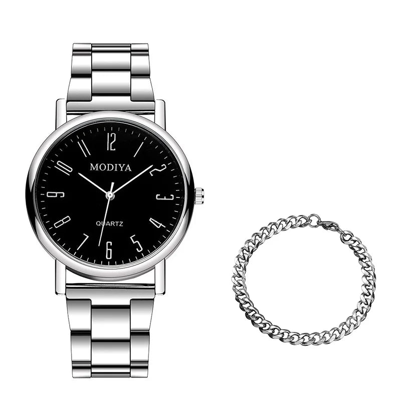 2PCS Men's Watch Casual Silver Alloy Band Male Quartz Watches Bracelet Set（Without Box）
