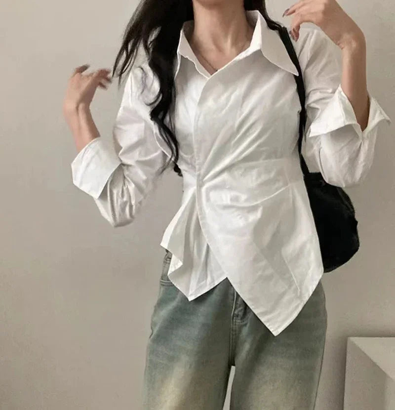 Kore Moda Çizgili Gömlek Kadın Uzun Kollu Vintage Bluz Kadın Estetik Ofis Hanımefendi Düzensiz 2000'ler Kadın Üstleri Yeni