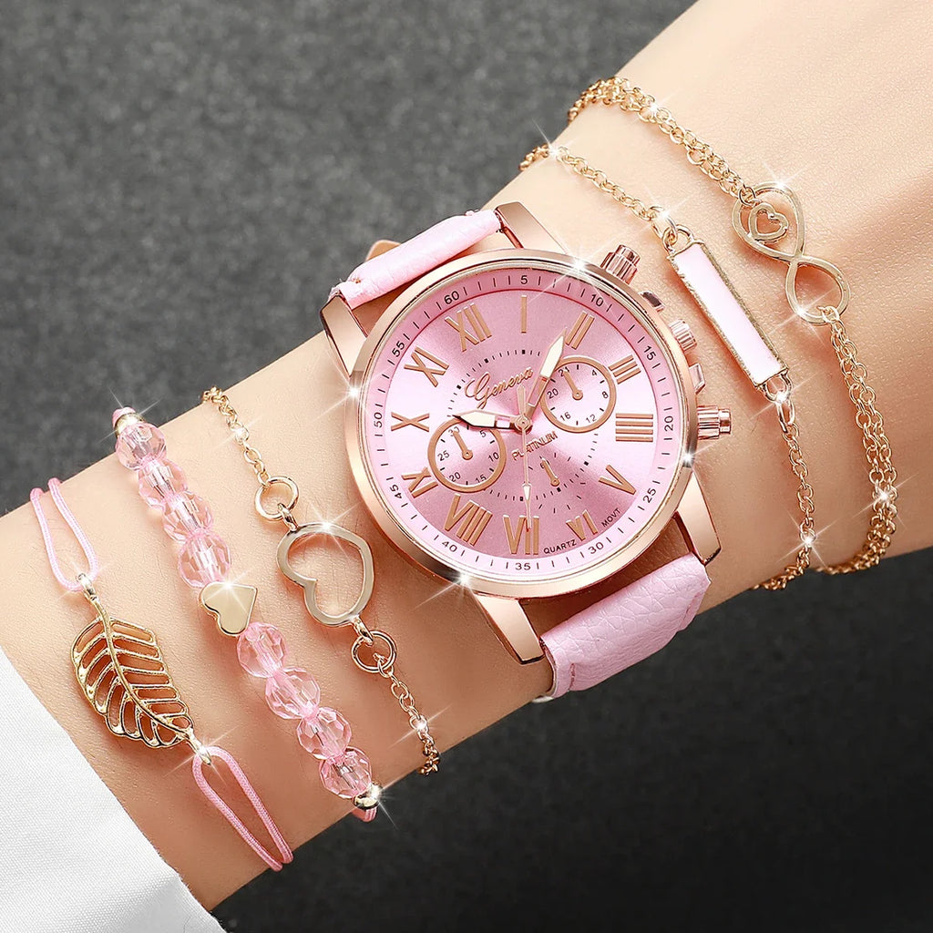 Surprise Mystery Watch Set Blind Box- 6PCS Fashion Women Watches Bracelets Set Casual Leather Band Wristwatches（Without Box）