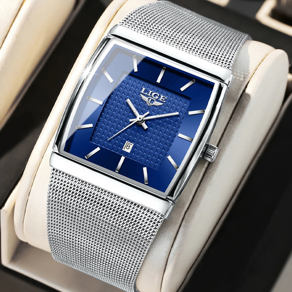 LIGE New Luxury Square Watch For Men Fashion Business Rose Gold Ultra Thin Mesh Waterproof Luminous Men's Quartz Wristwatches