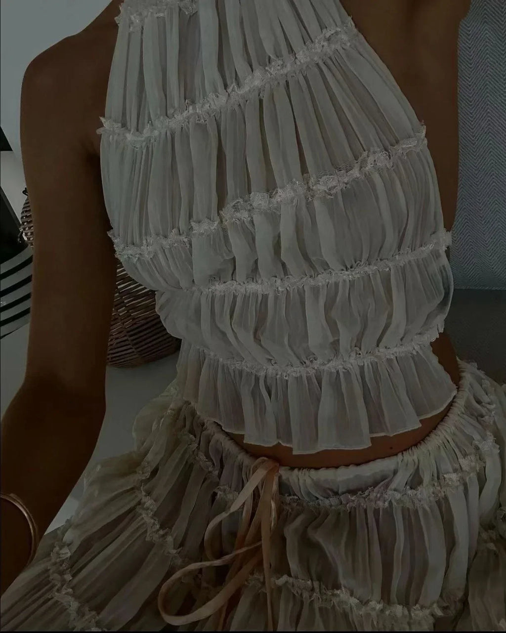 Summer New Sexy Halter Neck Pleated Lace Vest Dress Set for Women
