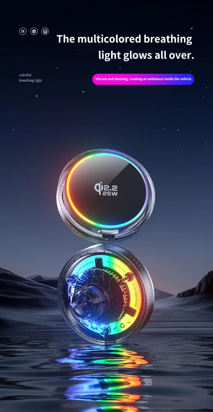 Qi2 25W Manyetik Araç İçi Kablosuz Şarj | RGB Aydınlatma | iPhone MagSafe Uyumlu