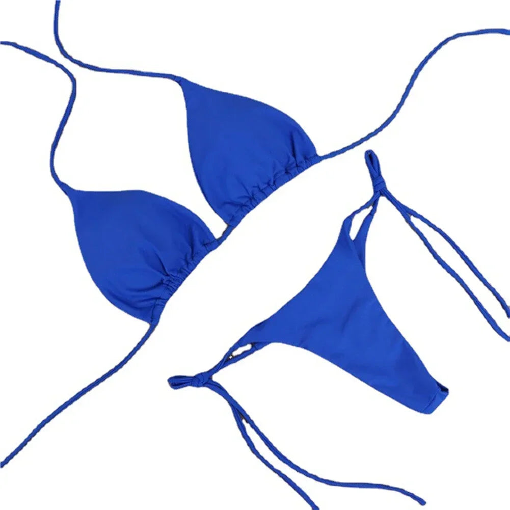 Solid Color Hanging Neck Style Lace-Up Bikini Women's Sexy Split Binding Triangle Beach Swimsuit No Steel Bracket No Chest Pad