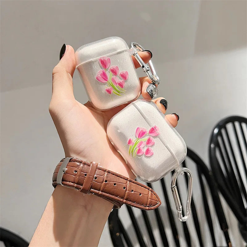 AirPods Pro 2 / 1 / 3 / 4 Simli Çiçek Desenli Kılıf | Anahtarlık