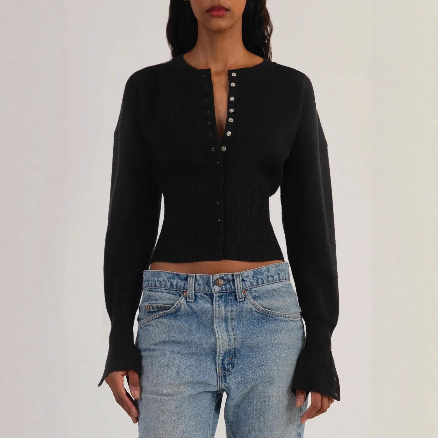 Women Knitted Cardigan Sweaters Solid Short Jumpers Round Neck Long Sleeves Single Breasted Empire Waist Slim 2026 Autumn Winter