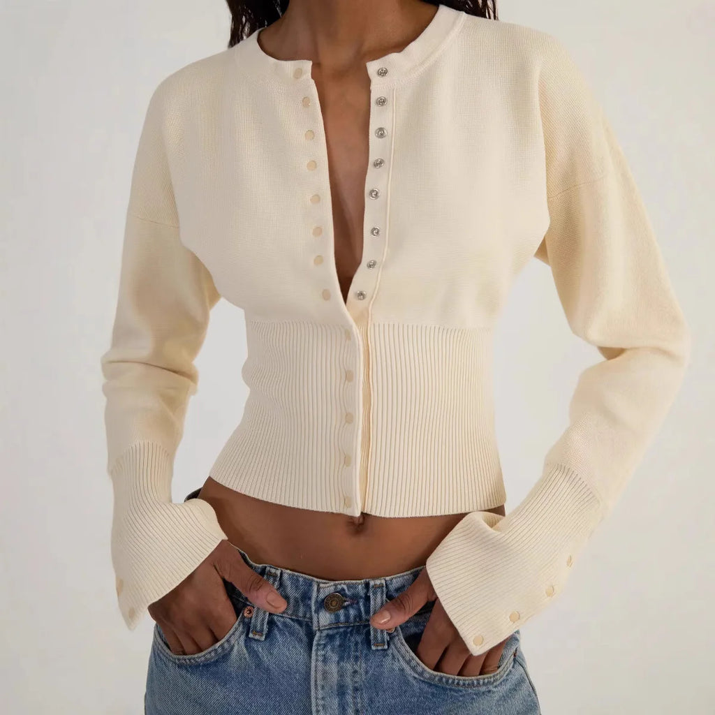Women Knitted Cardigan Sweaters Solid Short Jumpers Round Neck Long Sleeves Single Breasted Empire Waist Slim 2026 Autumn Winter