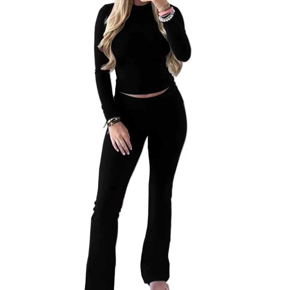 Women Chic Sets Two 2 Pcs Sale Sexy O-Neck Slim Long Sleeve Cropped Tshirt&High Elastic Waist Fitness Full Pant Suits MSJFZ-9052
