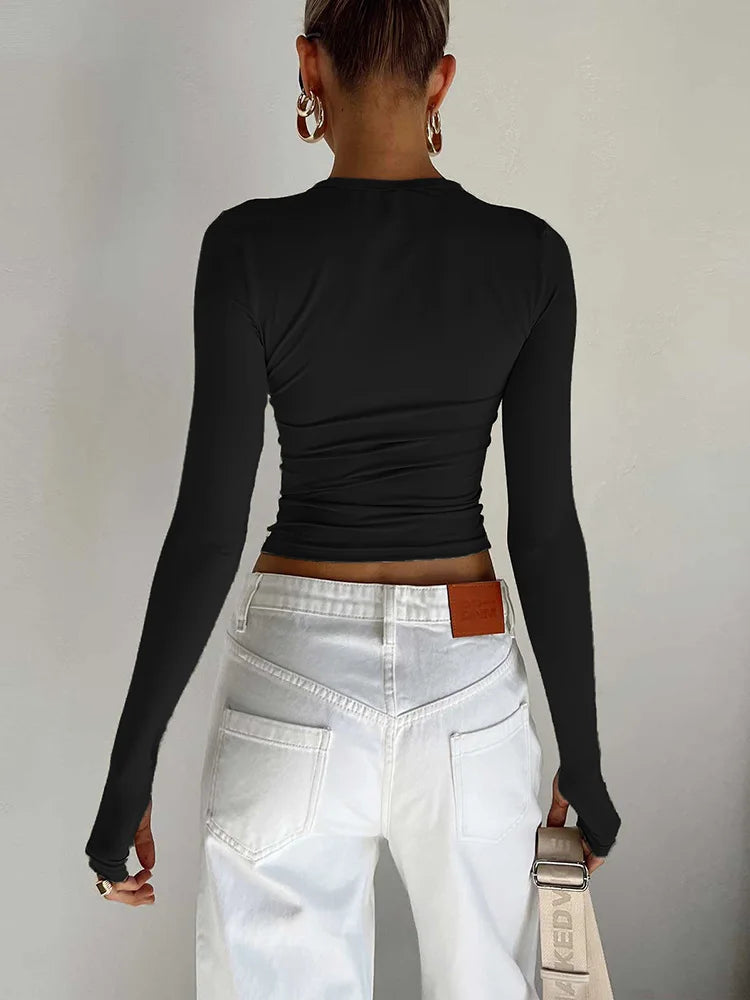 Moda Kadın Tişört Uzun Kollu Bisiklet Yaka Düz Renk Dar Kesim Bayan Crop Top Günlük Sokak Giyimi Yazlık Atlet Başparmak Delikli
