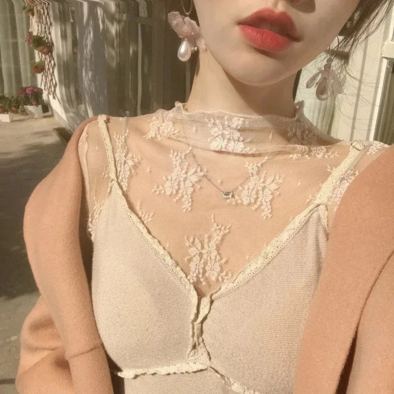 Y2K Dantel Şeffaf Mesh Tişört - Yüksek Yaka Uzun Kollu Seksi İç Giyim