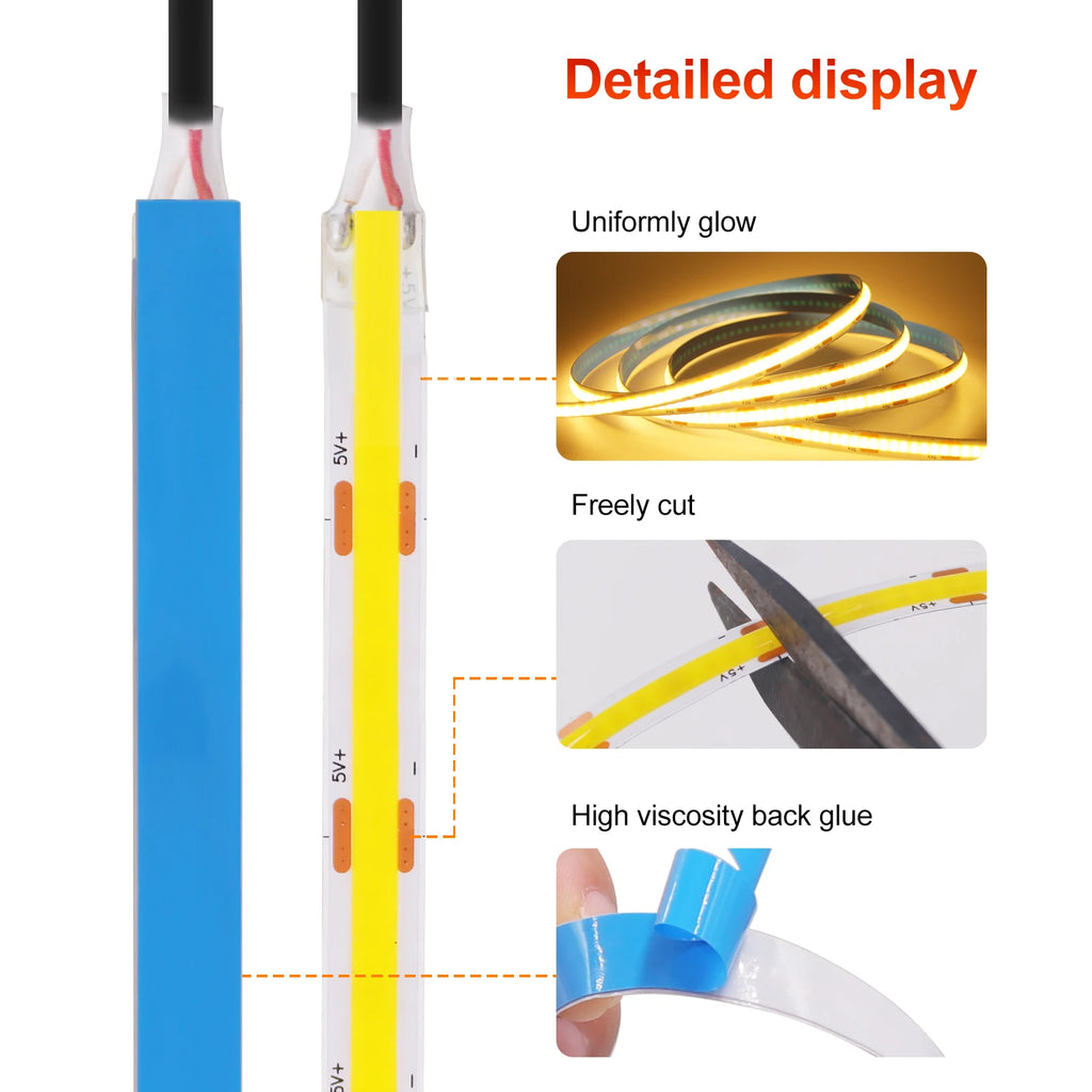 USB COB Strip Light 5V | 320 LED/m | Flexible Adhesive Tape | TV Backlighting
