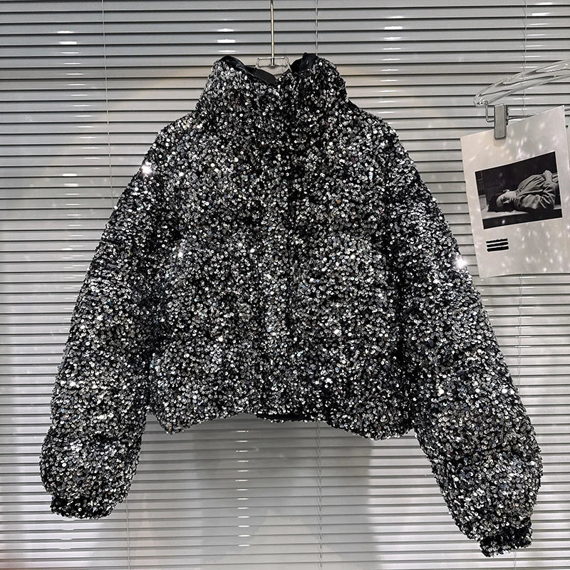 DEAT 2025 Winter New Fashion Heavy Industry Colorful Sequin Stand Collar Warm Jacket For Women Cotton-padded Coat 11A07258