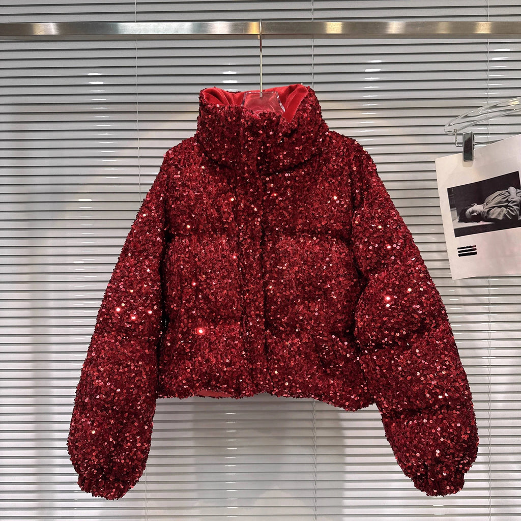 DEAT 2025 Winter New Fashion Heavy Industry Colorful Sequin Stand Collar Warm Jacket For Women Cotton-padded Coat 11A07258