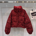DEAT 2025 Winter New Fashion Heavy Industry Colorful Sequin Stand Collar Warm Jacket For Women Cotton-padded Coat 11A07258
