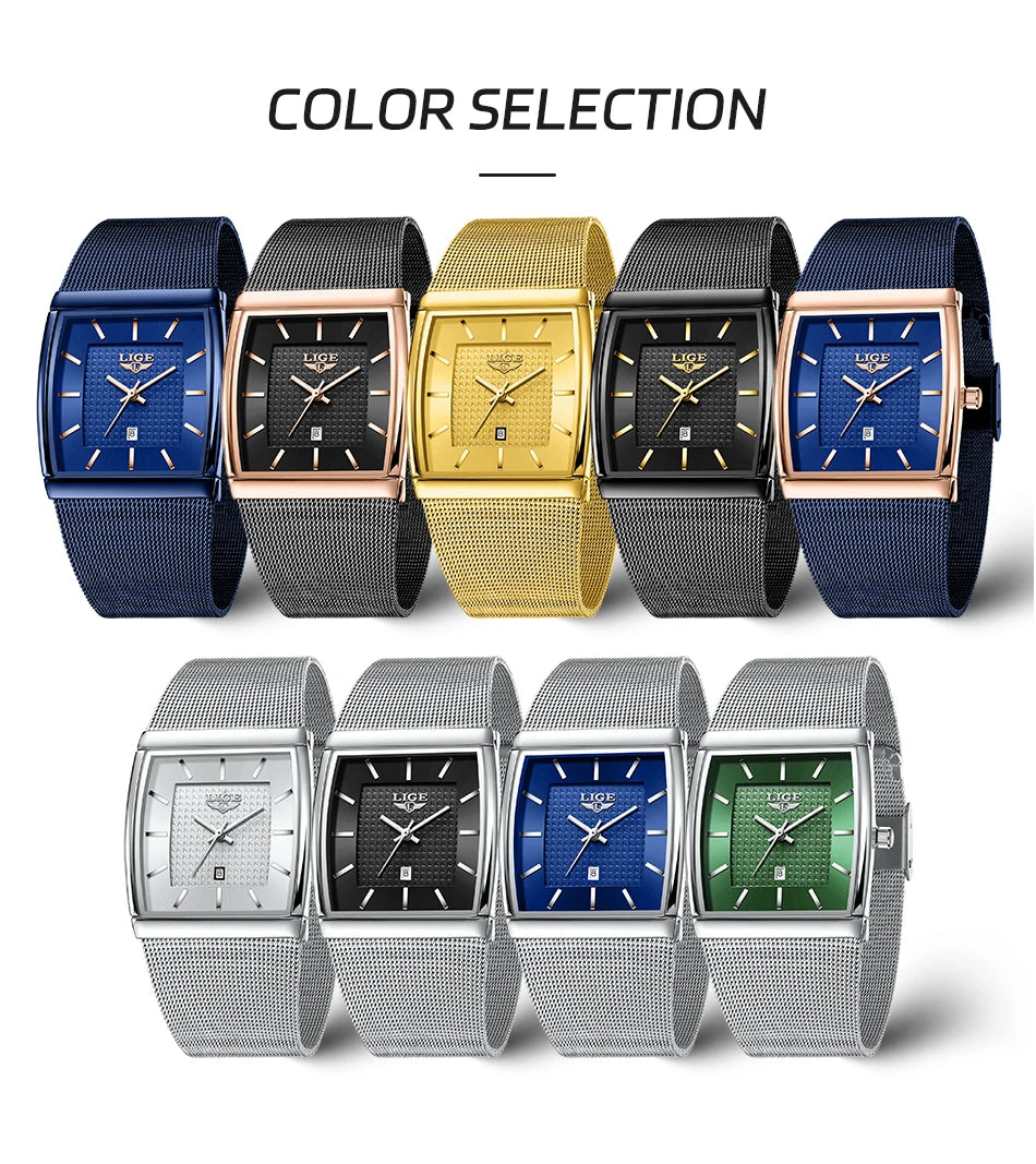 LIGE Top Luxury Watch For Men Stainless Steel Mesh Date Waterproof Luminous Man Wristwatch Casual Rectangle Quartz Men's Watches