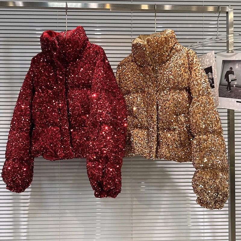 DEAT 2025 Winter New Fashion Heavy Industry Colorful Sequin Stand Collar Warm Jacket For Women Cotton-padded Coat 11A07258