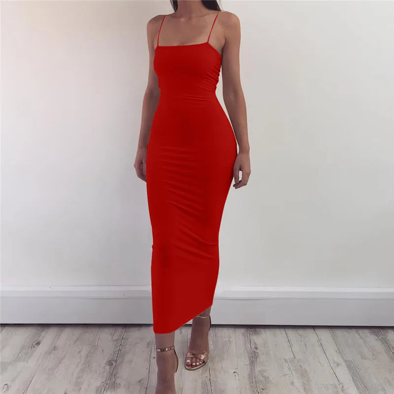 Seksi Sırt Açık Askılı Bodycon Maxi Parti Elbisesi - Y2K Vintage Siyah