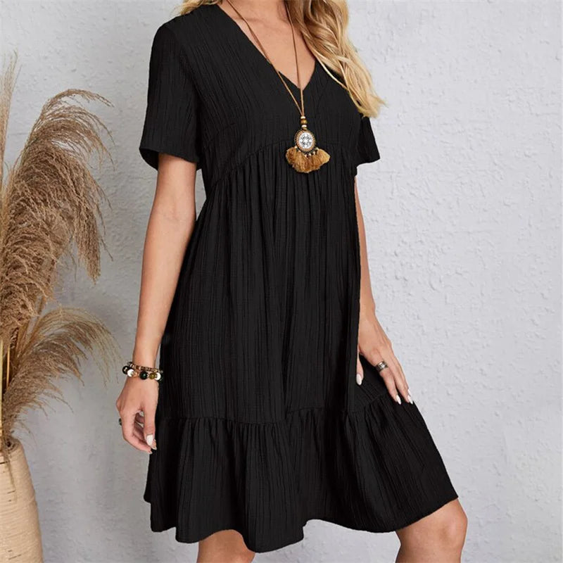 Women Vintage Mini Dresses Summer Solid Casual V Neck Ruffles Dress Ladies Boho Loose Beach Party Elegant Dress Vestidos DF4912