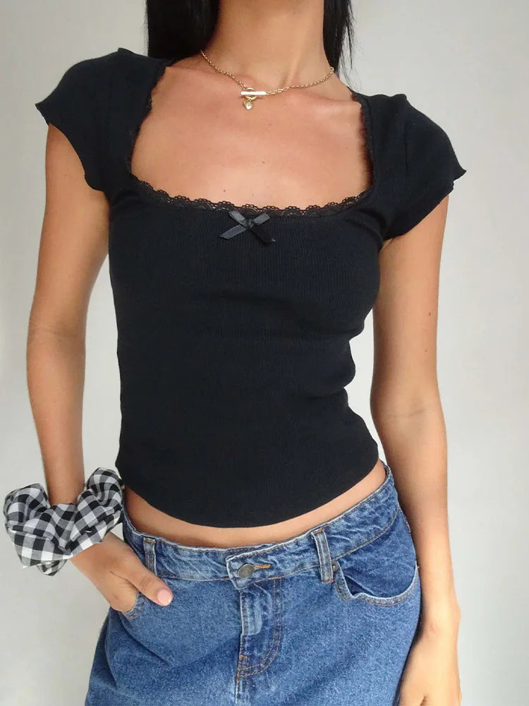 Kadın Vintage Bebek Tişörtü, Dantel Detaylı Örme Tişört, Beyaz Sütçü Kız Crop Top, Kısa Kollu Tişört, Yazlık, Y2K