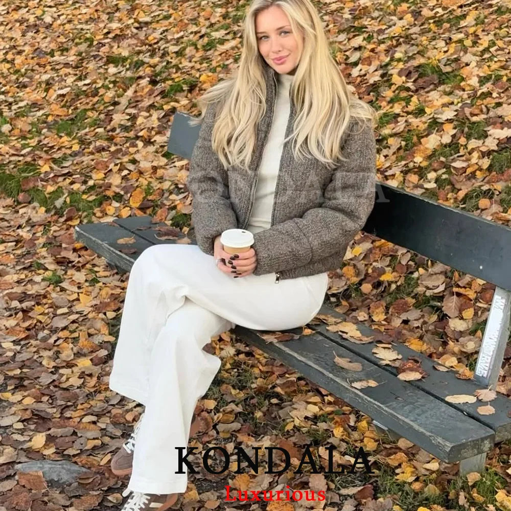 KONDALA Casual Knit Padded Coats Long Sleeve Zipper Pockets Thick Warm Jackets Fashion 2025 Autumn Winter Streetwear Outwears