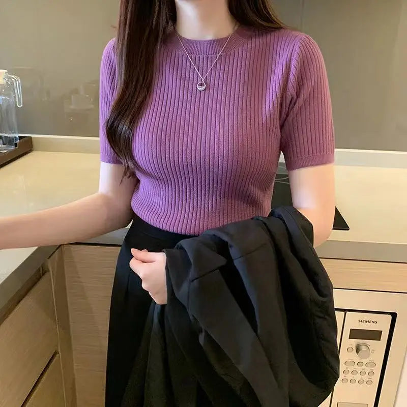 Knitted Sweater Women Pullovers New Black Short Sleeve Sueters De Mujer Knit Sweater Pullover Women Tops O-Neck Knitwears Q3426