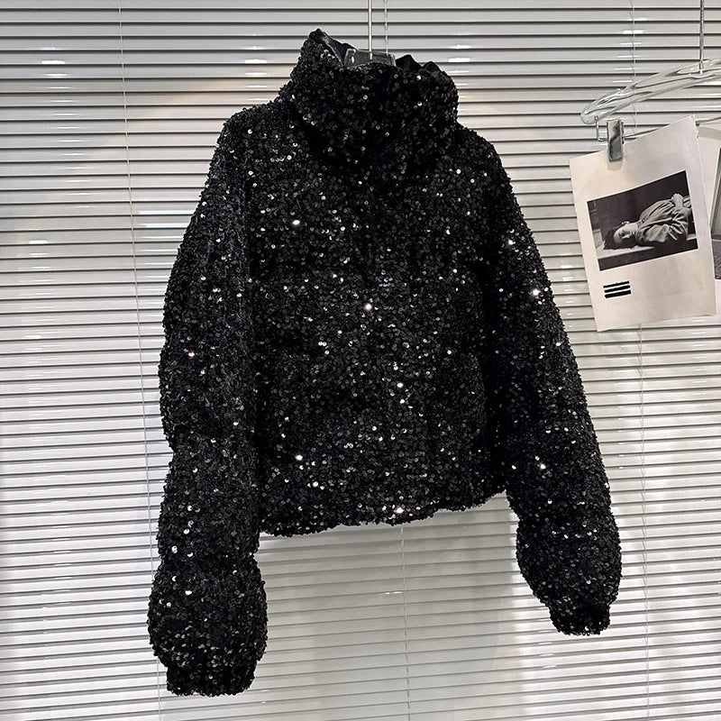 DEAT 2025 Winter New Fashion Heavy Industry Colorful Sequin Stand Collar Warm Jacket For Women Cotton-padded Coat 11A07258
